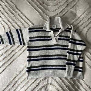 Aerie Green and Navy Striped V-Neck Sweater